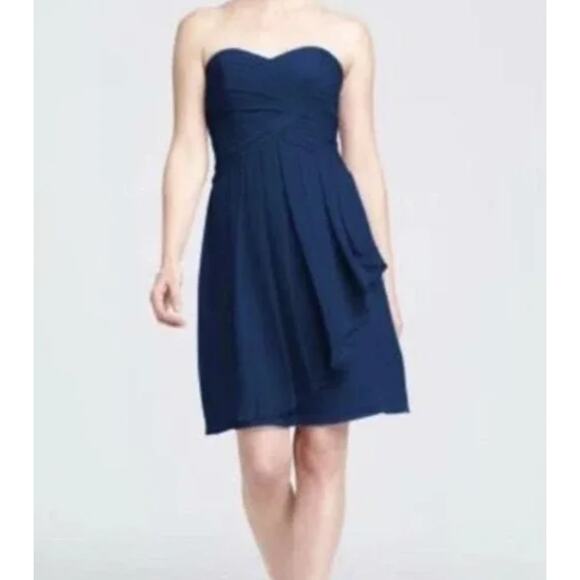 David's Bridal Short Crinkle Chiffon Dress Front Cascade Navy Strapless Mini - Picture 1 of 13